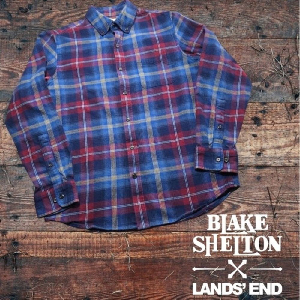 Blake Shelton Lands End Flannel Shirt Mens Plaid Button Down Blue Red M 532223‎